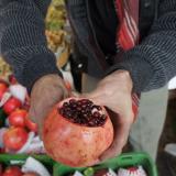 An Iranian shopkeeper at a bazaar cuts a pomegranate to display to customers who are shopping for Yalda Night in northern Tehran December 21, 2010