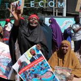 Somali women who say their sons have been used as fighters in the Tigray conflict in neighbouring Ethiopia, react during a protest in Mogadishu