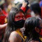 Women participate in a second march of indigenous women to protest Brazil's President Jair Bolsonaro and his leadership during the COVID-1 pandemic.