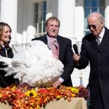 President Joe Biden attends the annual ceremony to pardon Chocolate and Chip, the National Thanksgiving Turkeys, on the South Lawn of the White House in Washington, DC, on November 21, 2022. 