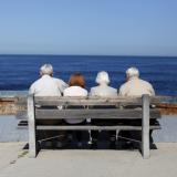 A pair of elderly couples view the ocean and waves along the beach.