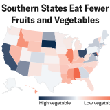 Southern States Eat Fewer Fruits and Vegetables: In 2021, nearly 57% of Alabama residents had a low-fruit diet and 75% of residents had a low-vegetable diet.