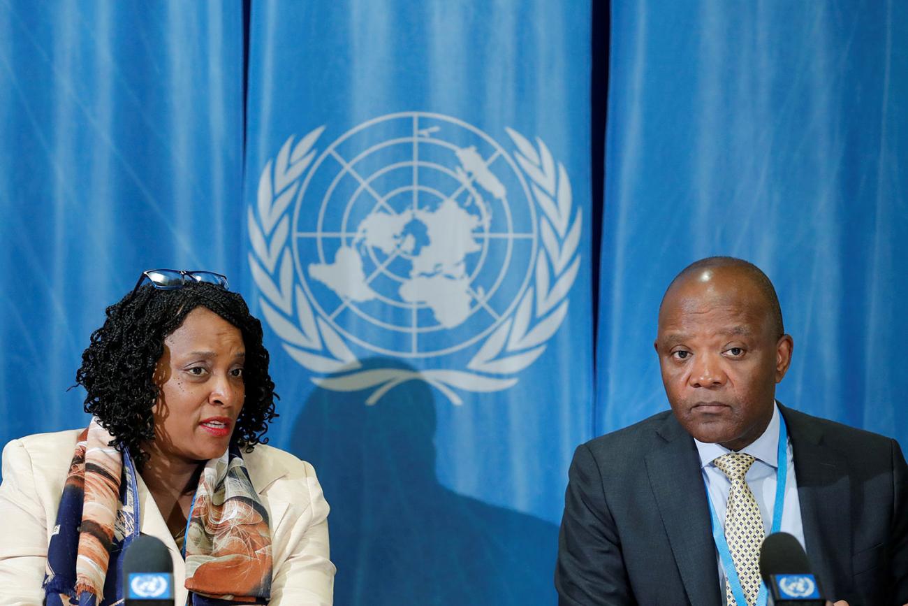 John Nkengasong, Director of Africa’s CDC, attending a press conference in Geneva on the Ebola Response in the DRC with Margaret Agama-Anyetei of the African Union Commission on May 22, 2018. 
