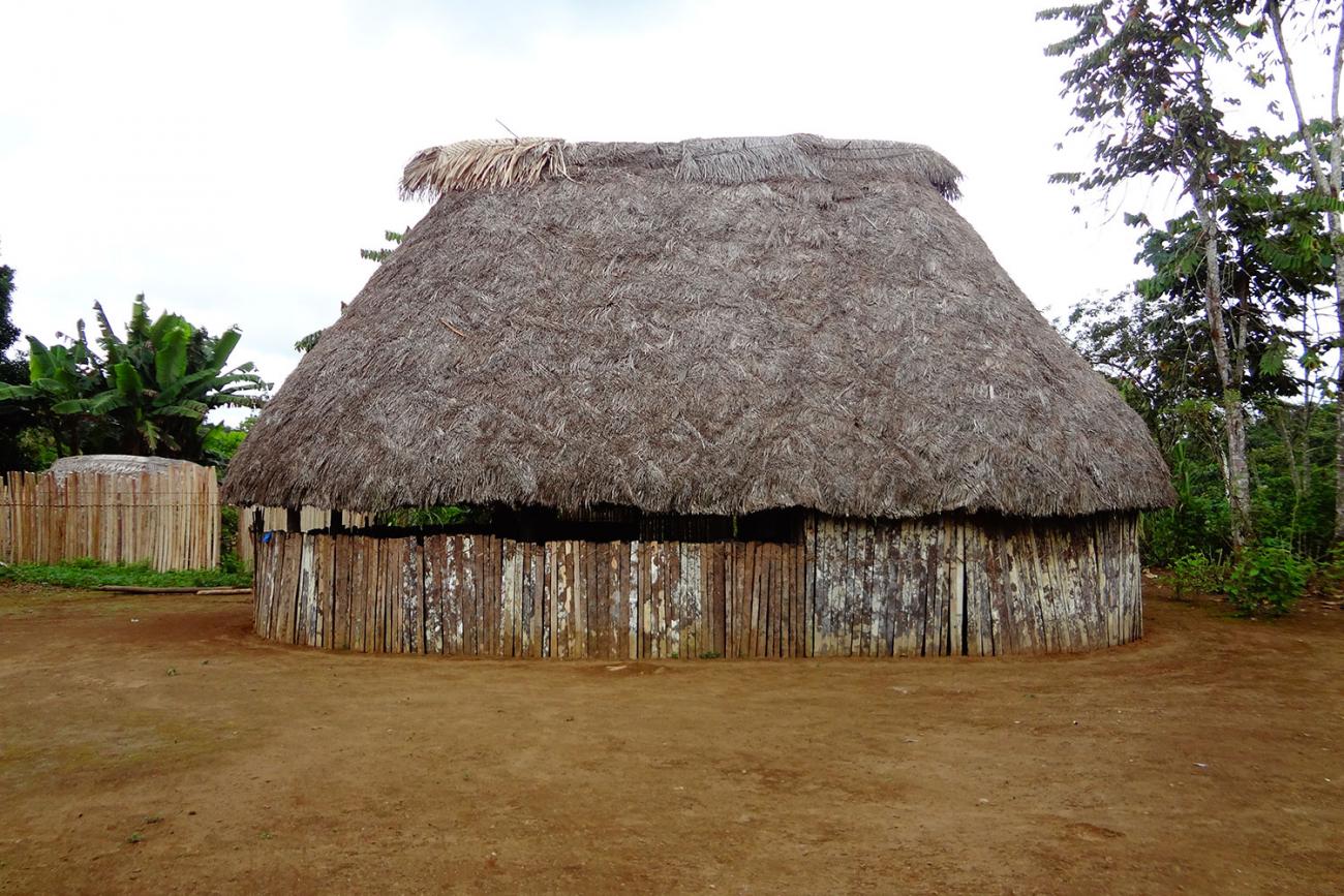 Picture shows a handmade hut in the tiny Amazon jungle village of Checherta, on the border of Ecuador and Peru, made of natural materials with a thatched roof