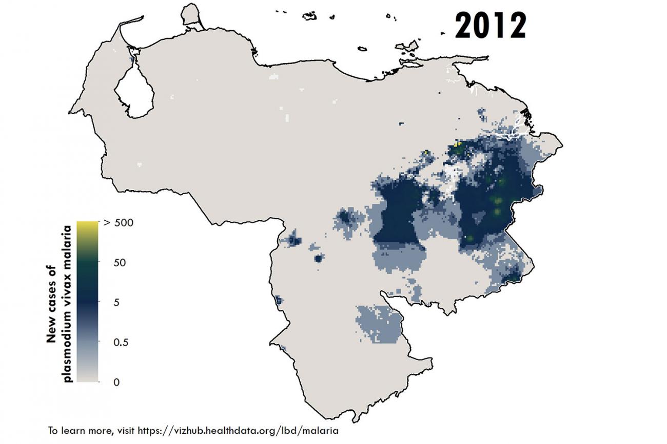 Map of Venezuela showing malaria cases concentrated in the eastern portion of the country