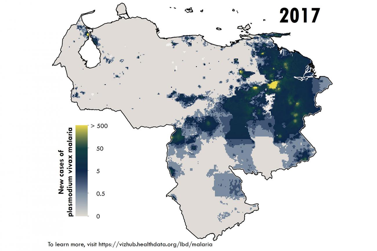 Map of Venezuela showing malaria cases still concentrated in the eastern portion of the country but now spread north, south, and west