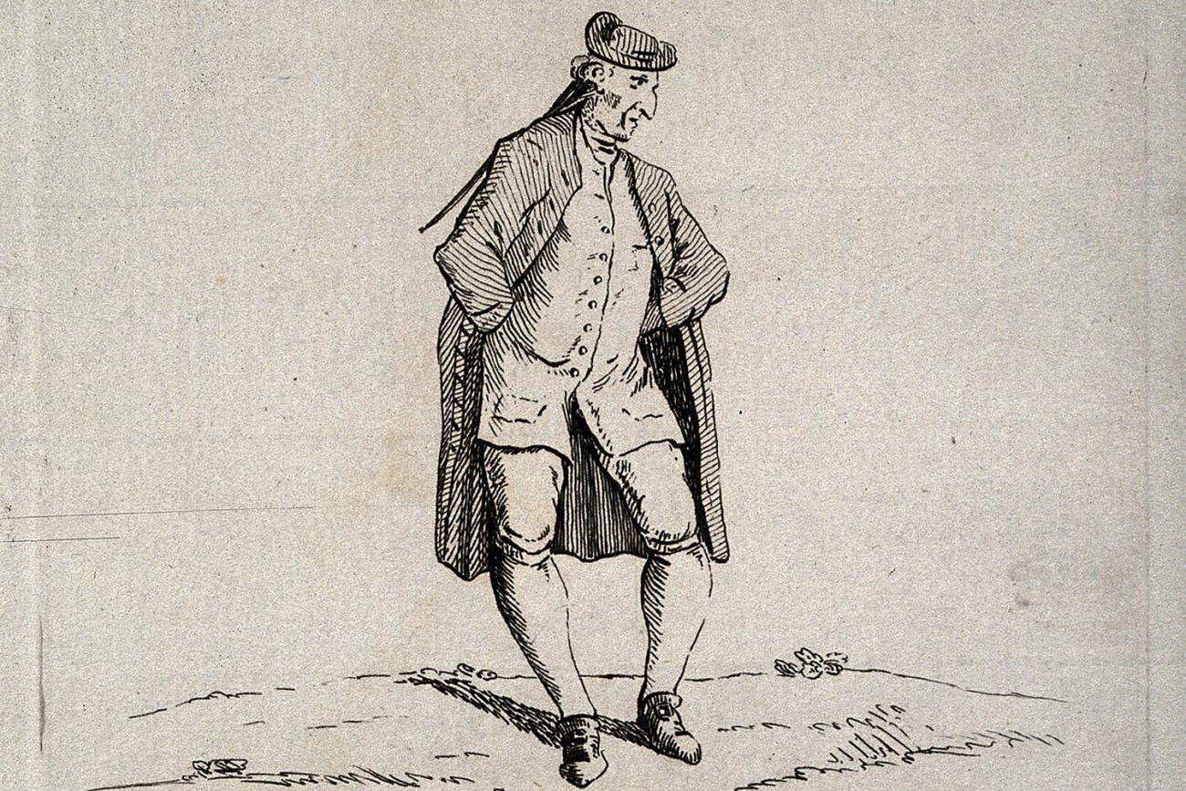 The etching shows a fashionably dressed man standing in a peculiar way. 