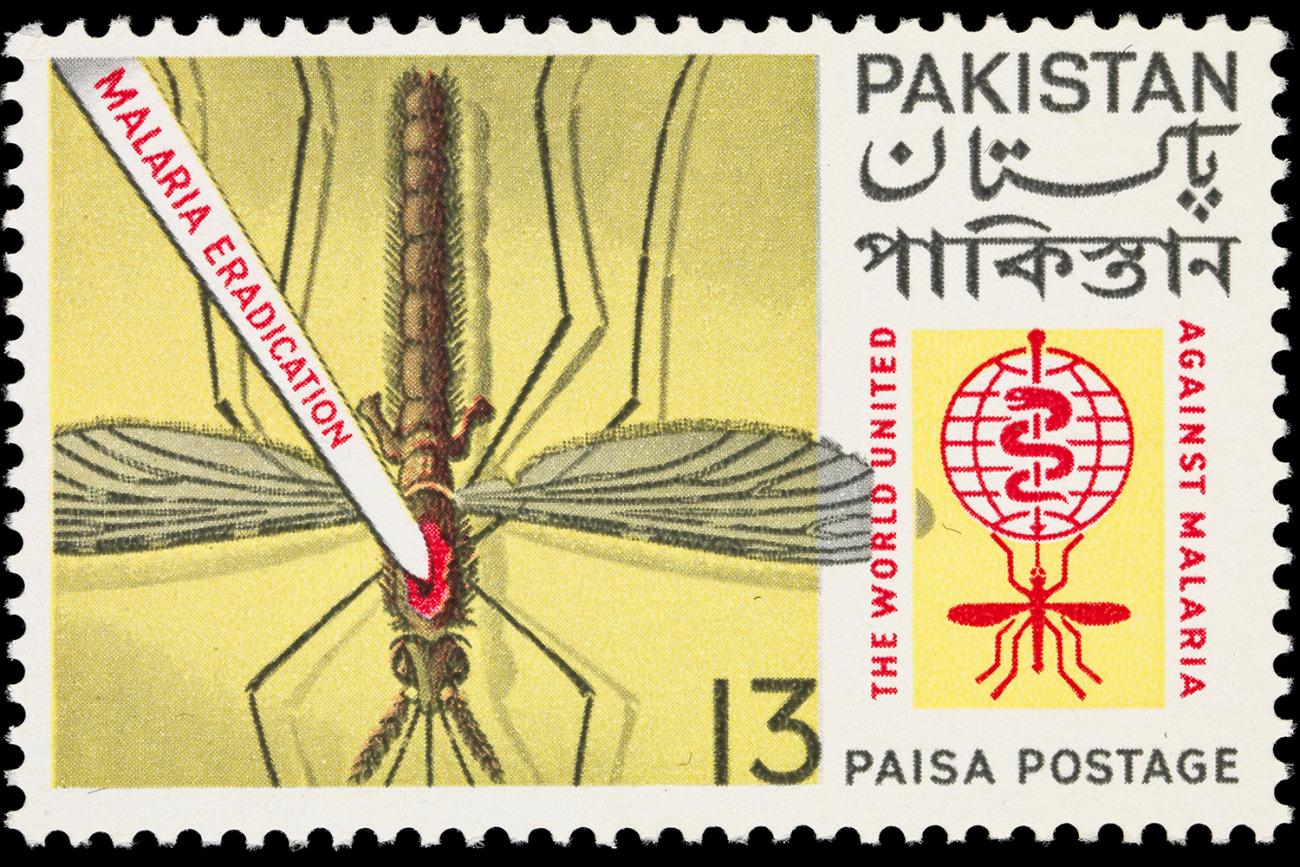 The stamp has a large mosquito being pierced by the words: Malaria eradication. Also  on the stamp are the words, the world united against malaria : 13 paisa postage / Pakistan. 