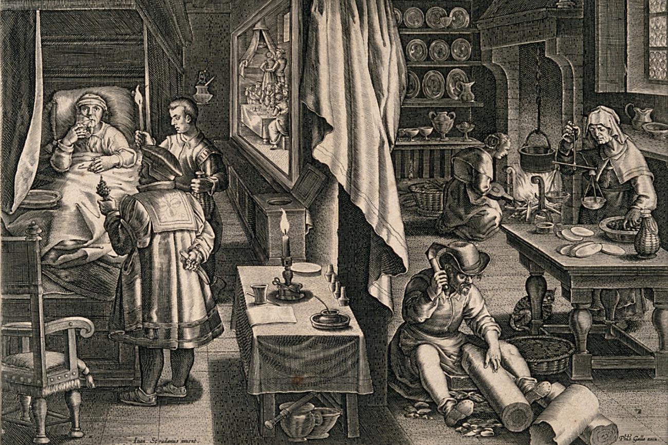 The engraving shows a busy scene in a small room, with domestic activities taking place on one side of the image and the patient being tended to by a doctor on the other. 