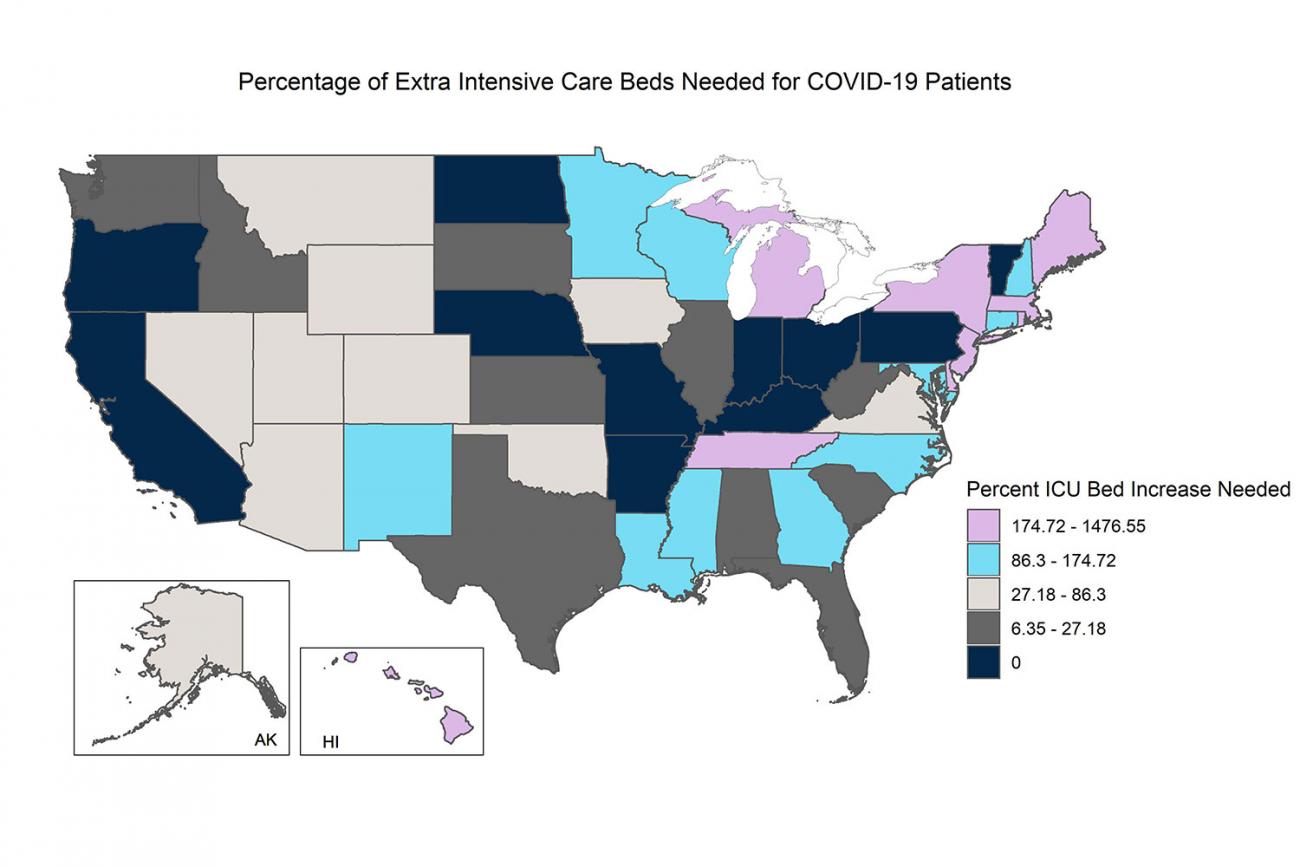 The map shows the United States with different states colored according to their projected ICU bed needs.