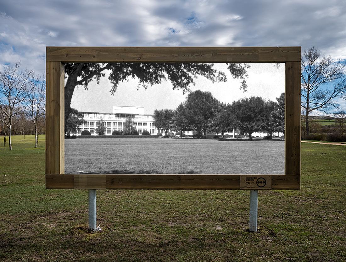 Image is a montage with an old black and white photo of the leprosarium inserted into the frame of an artistic photo taken in Spain. 