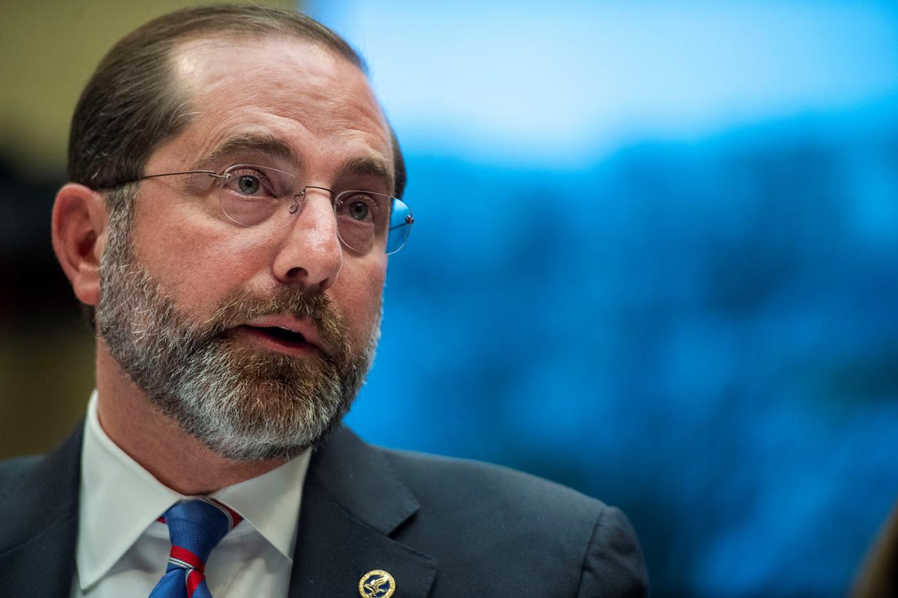 Photo shows a close-up head shot of U.S. Health and Human Services (HHS) Secretary Alex Azar II as he testifies before a House hearing.