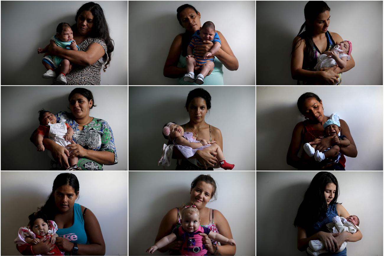 The image shows a 3 x 3 composite photo of nine mothers holding nine babies. 