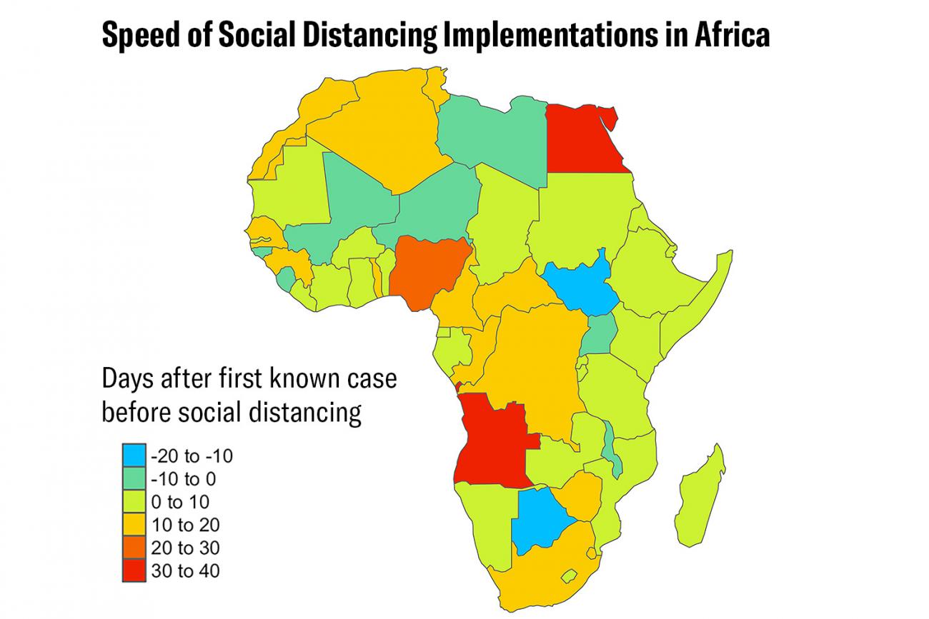 The image is a map of the African continent with countries color coded according to how quickly they implemented social distancing measures.