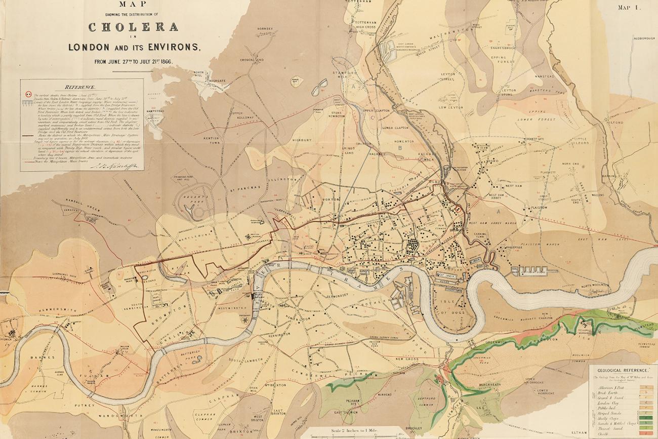The image is a photo of map of London highlighting cases of cholera there some 154 years ago. 