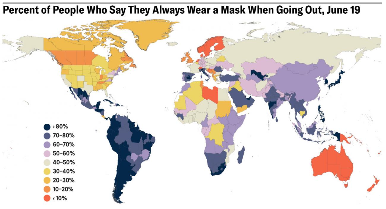 The image shows a map of the world with countries colored according to their mask use prevalence. 