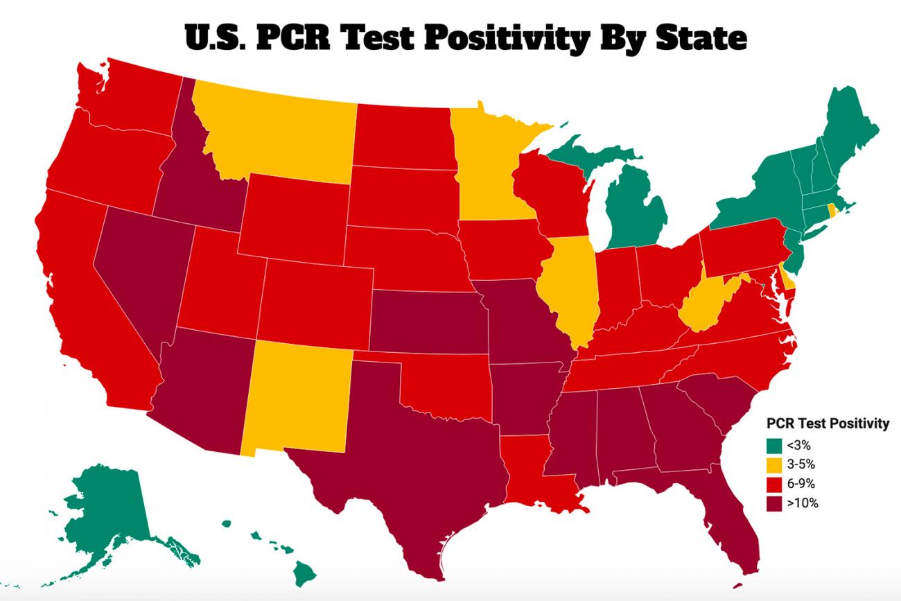 The image shows a heat map of the United States with states colored according to the higher number of tests coming back positive. 