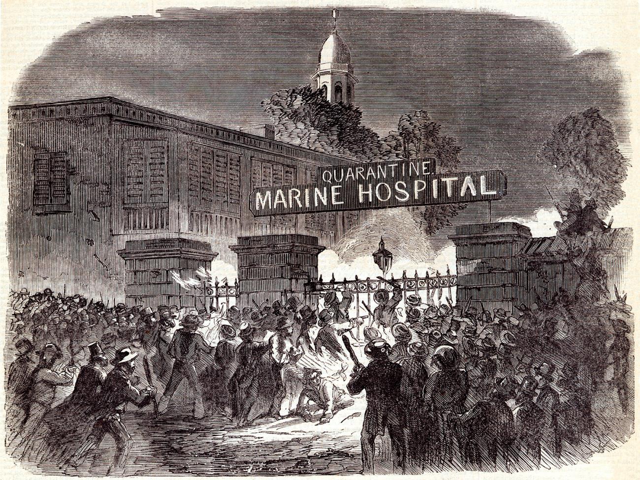 The image is a woodcut of a massive rioting crowd with clubs and torches storming the iron gates of a facility with a huge sign reading, "QUARANTINE MARINE HOSPITAL."