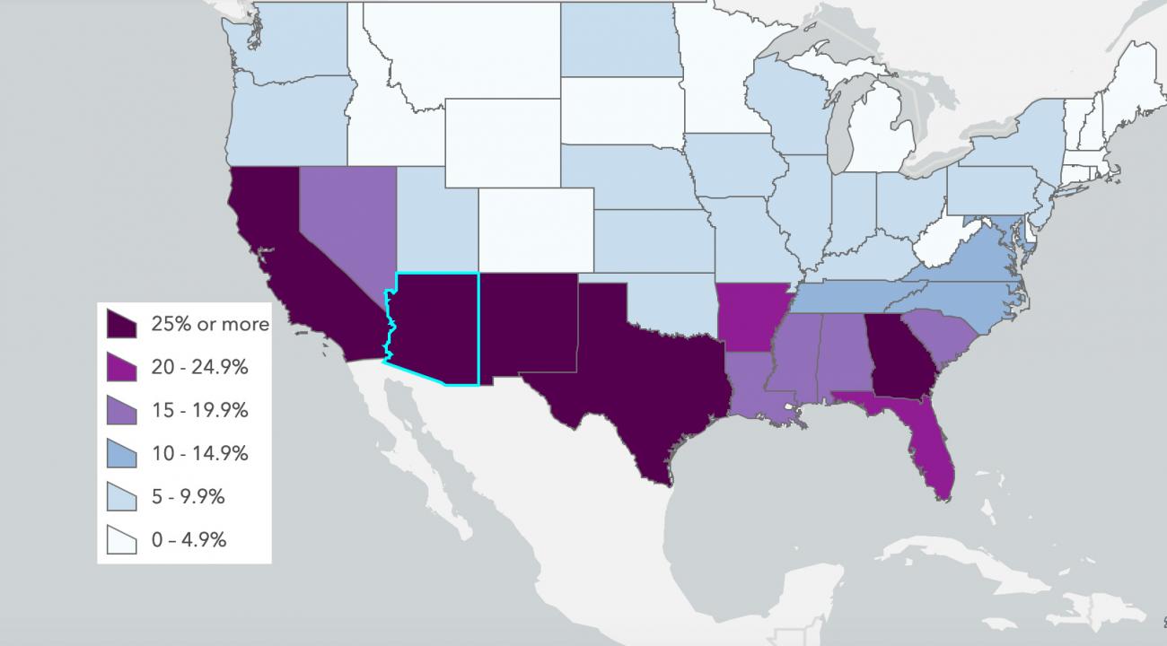 The photo shows a map of the United States with much of the south highlighted in a dark color. 