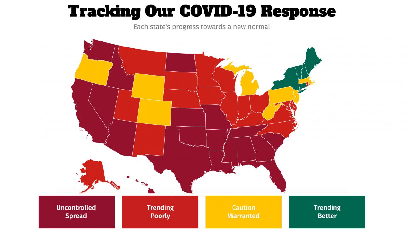 The image shows a map of the united states with four colors according to outbreak status. 