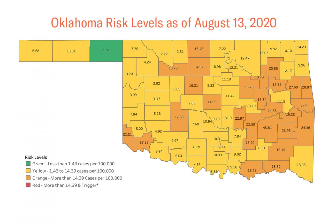Image is a map of the state color coded by risk. Only one county is green.