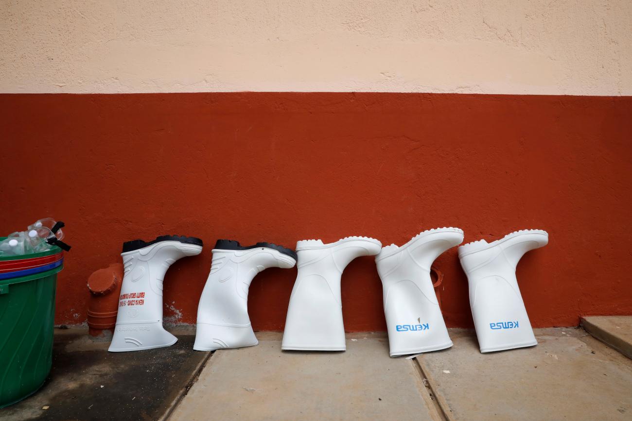 Boot used by medical staff are seen outside the coronavirus disease (COVID-19) ICU of Machakos Level 5 Hospital, in Machakos, Kenya October 28, 2020. 