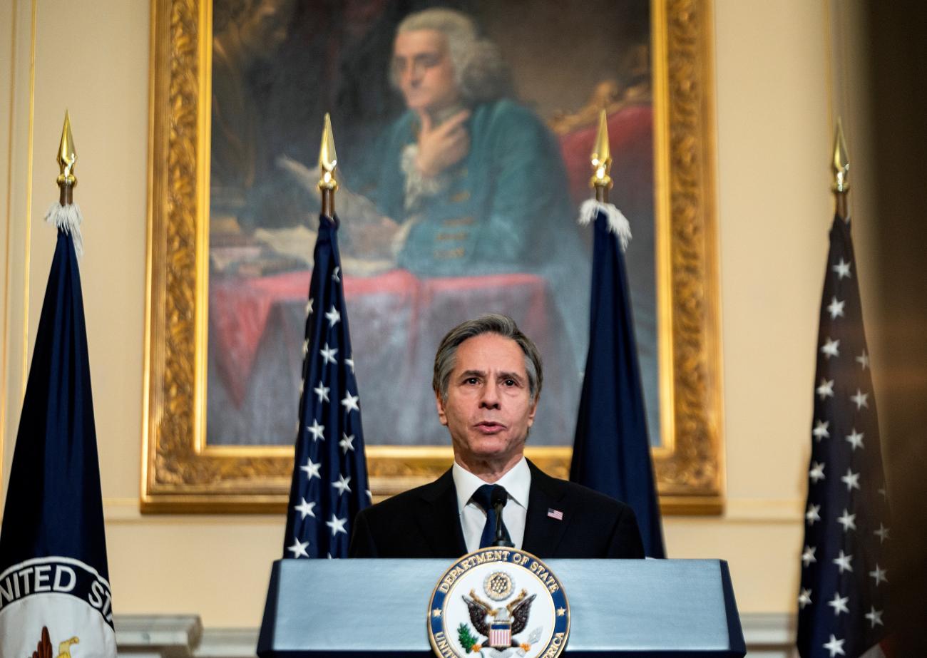 U.S. Secretary of State Antony Blinken delivers remarks about priorities for administration of U.S. President Joe Biden in the Ben Franklin room at the State Department in Washington, U.S. March 3, 2021.