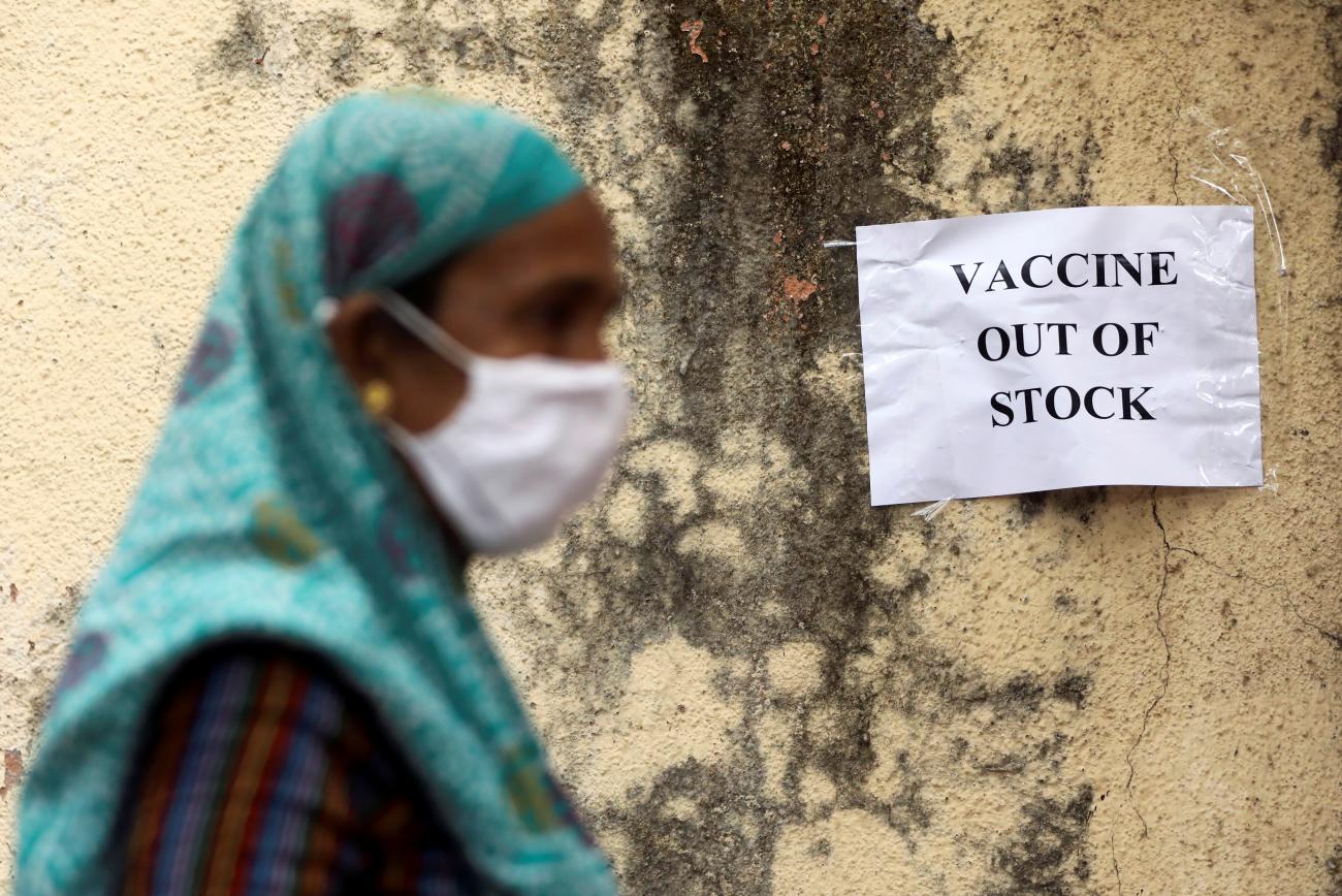 A notice about the shortage of coronavirus disease vaccine supplies is seen at a vaccination center in Mumbai, India on April 8, 2021.