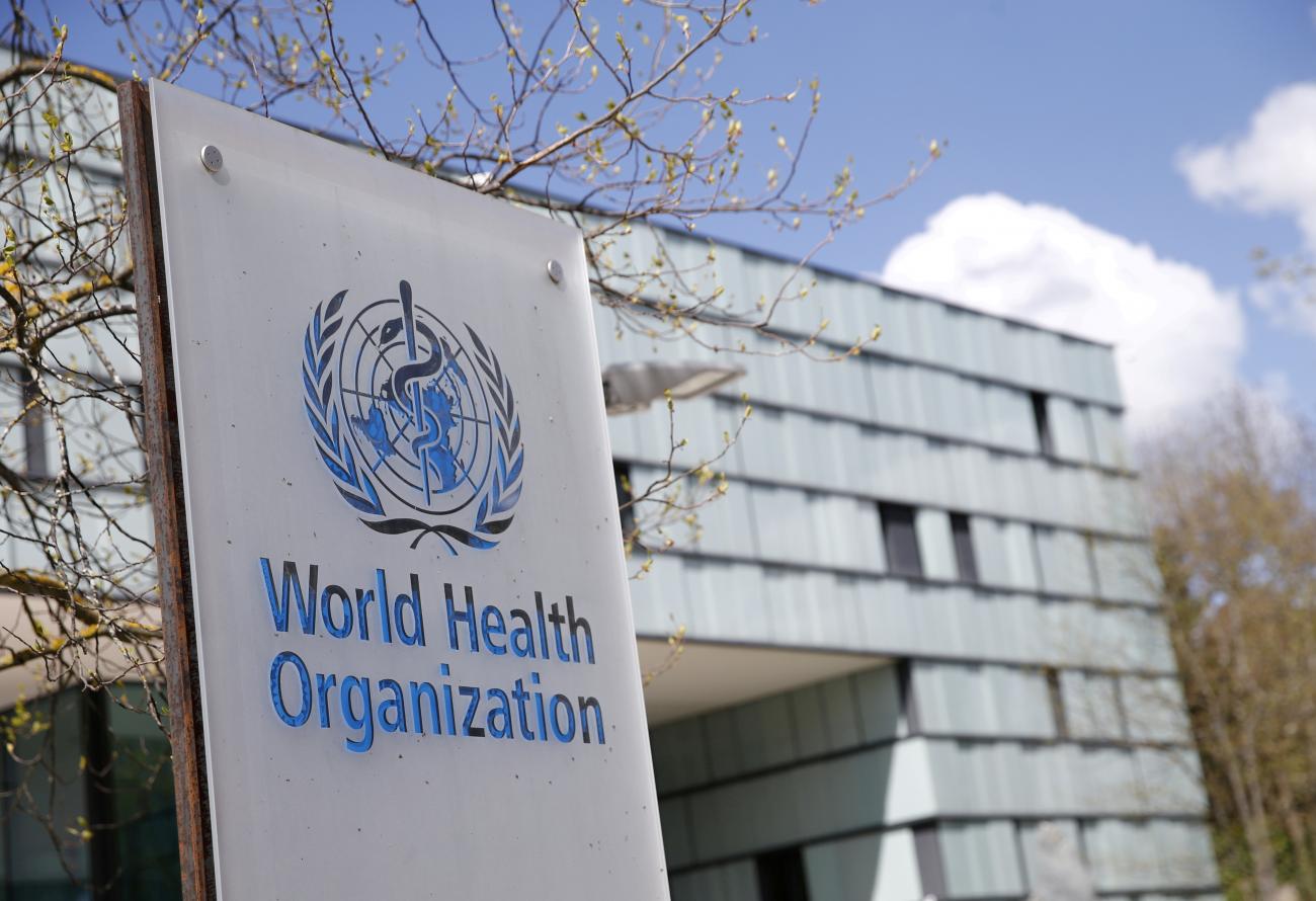 A logo is pictured outside a building of the World Health Organization during an executive board meeting on update on the coronavirus disease outbreak in Geneva, Switzerland on April 6 2021. 