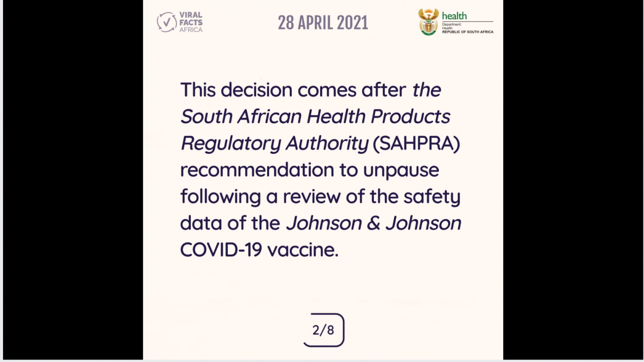 The National Department of Health, South Africa announces it has resumed rollout of Johnson & Johnson's COVID-19 vaccine on April 28, 2021.