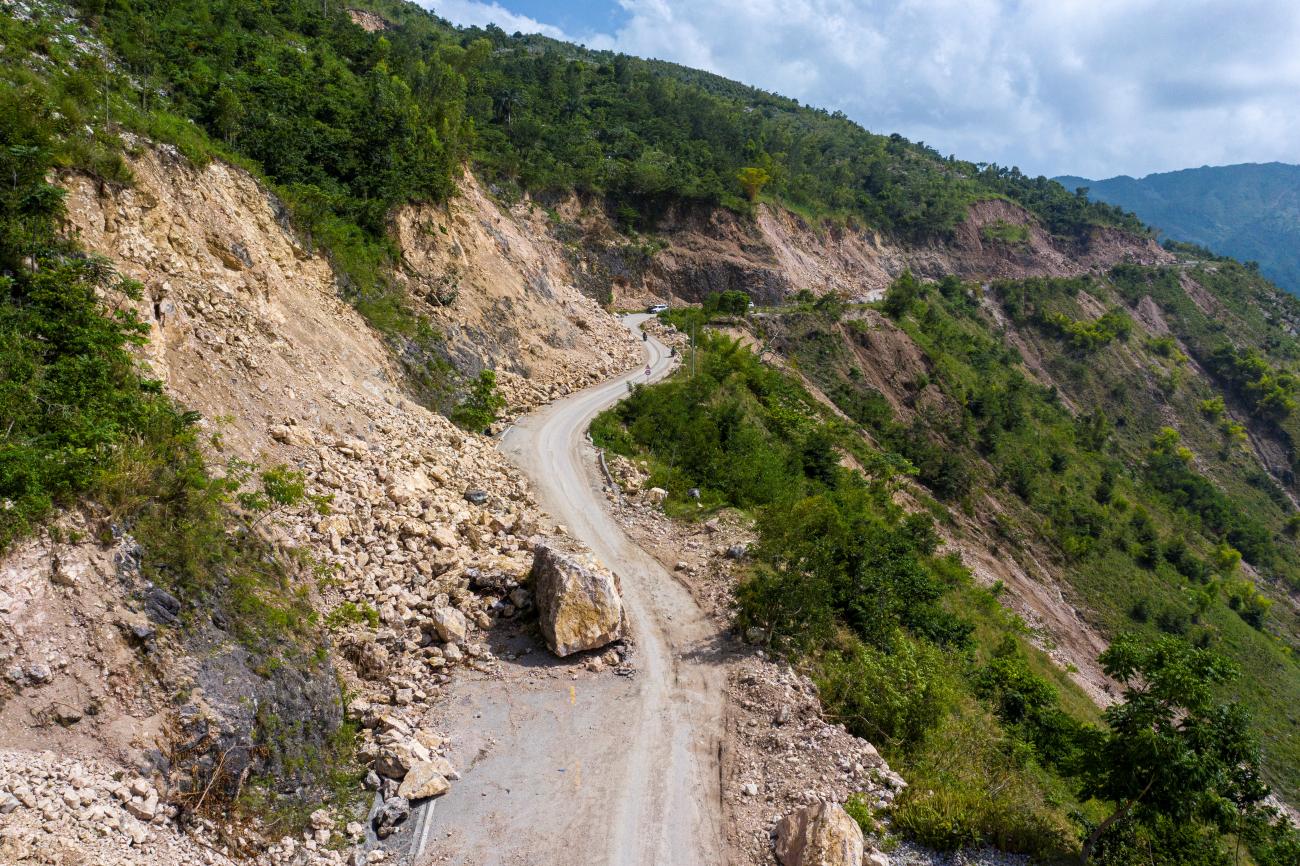 Landslides caused by a 7.2 magnitude quake partially blocks a main road in Marceline, Haiti August 22, 2021. REUTERS/Ricardo Arduengo