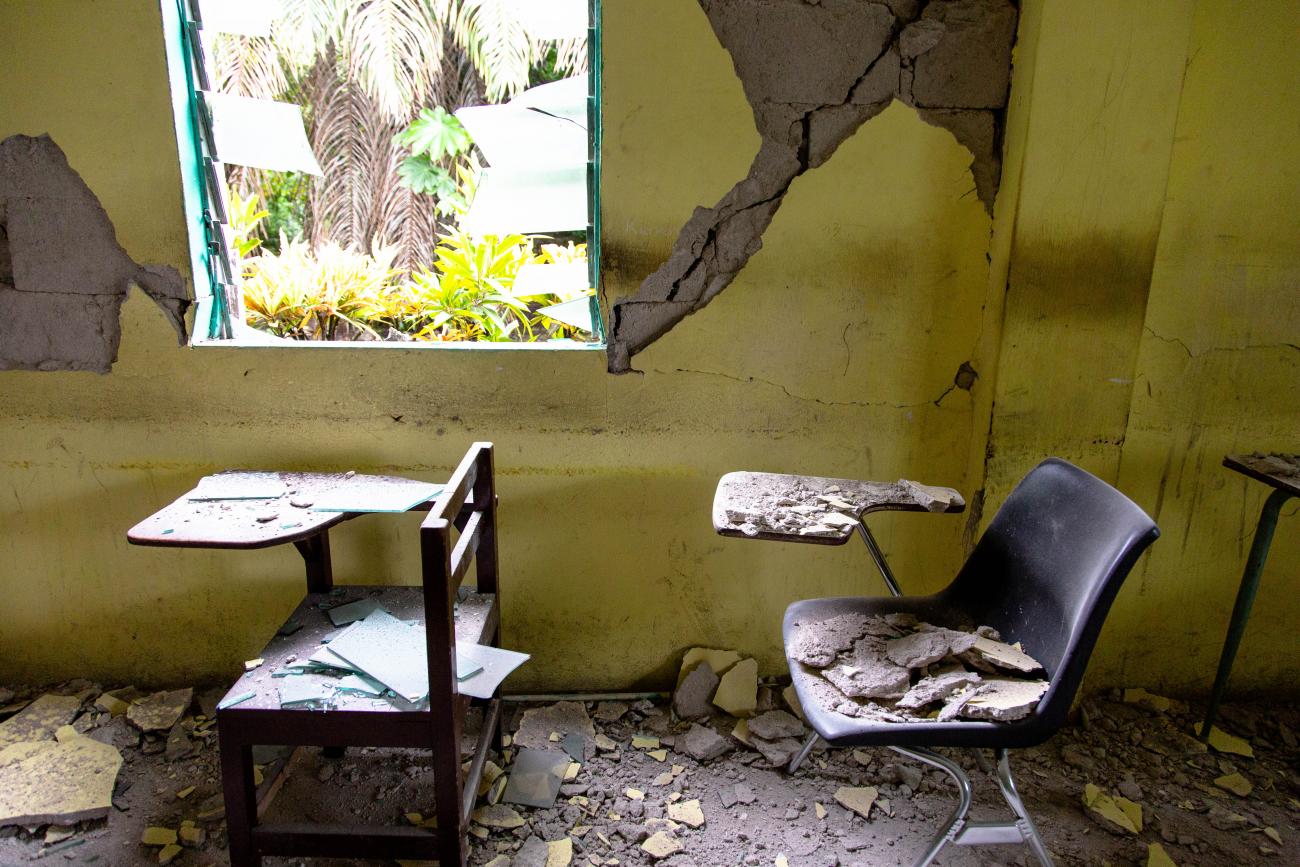 An earthquake-ravaged classroom at College Mazenod in Camp-Perrin, Les Cayes, Haiti, on August 17, 2021.