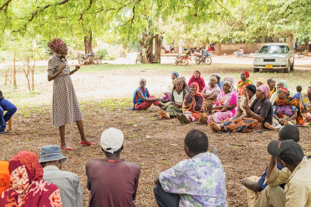 Lea lectures a group of people on sickle cell disease 