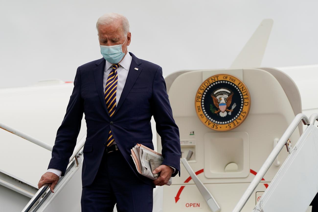 U.S. President Joe Biden exits Air Force One as he arrives in Dover, Delaware, on September 17, 2021.