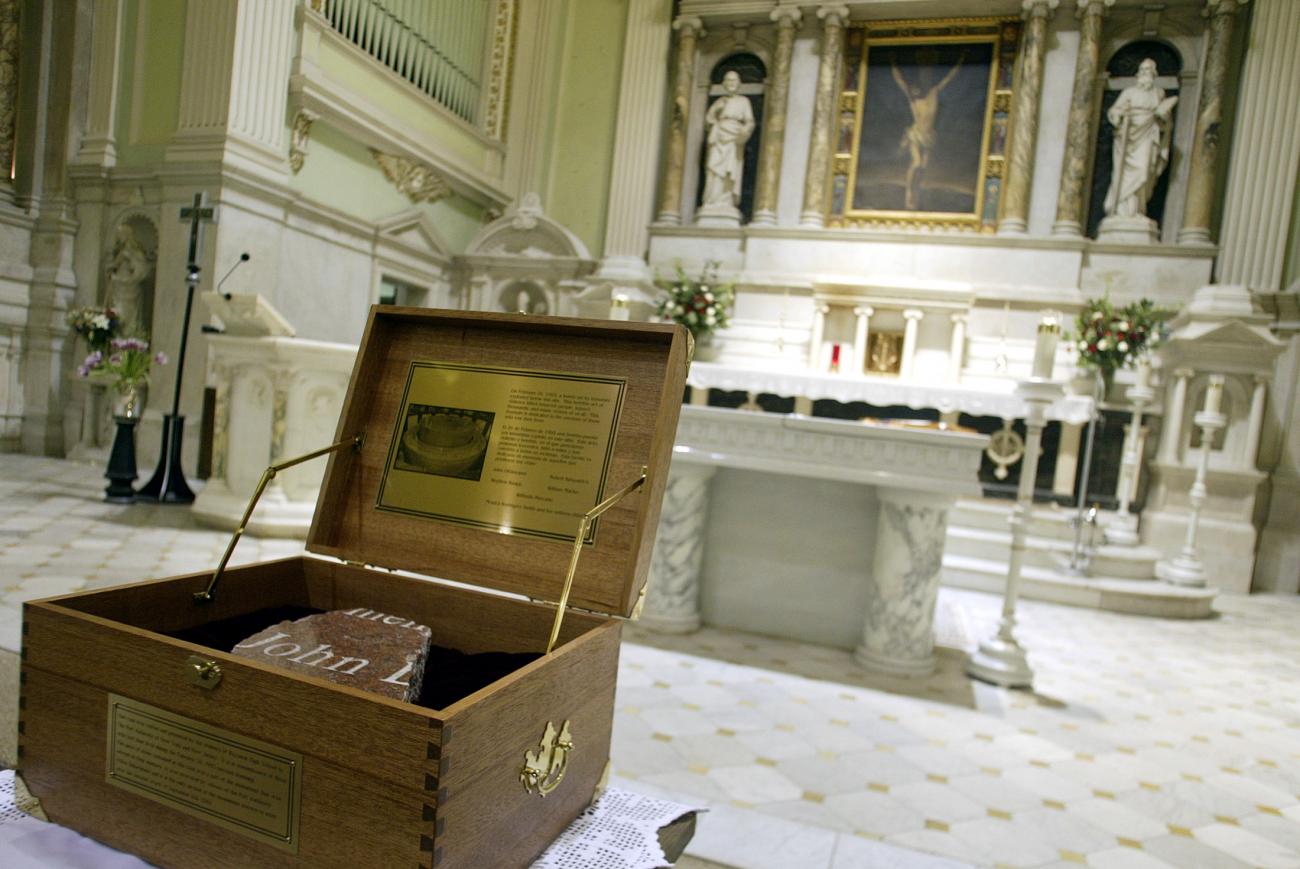 A piece of the 1993 World Trade Center Attack memorial fountain, the only part of the memorial that was recovered following the September 11, 2001 attacks on the WTC, is displayed inside St. Peter's Church in New York before a memorial service honoring the 11th anniversary of the 1993 terrorist attack, February 26, 2004.