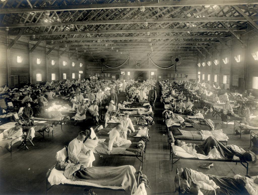 Soldiers are quarantined while recovering from the Spanish flu at Camp Funston, Kansas, United States, in 1918.