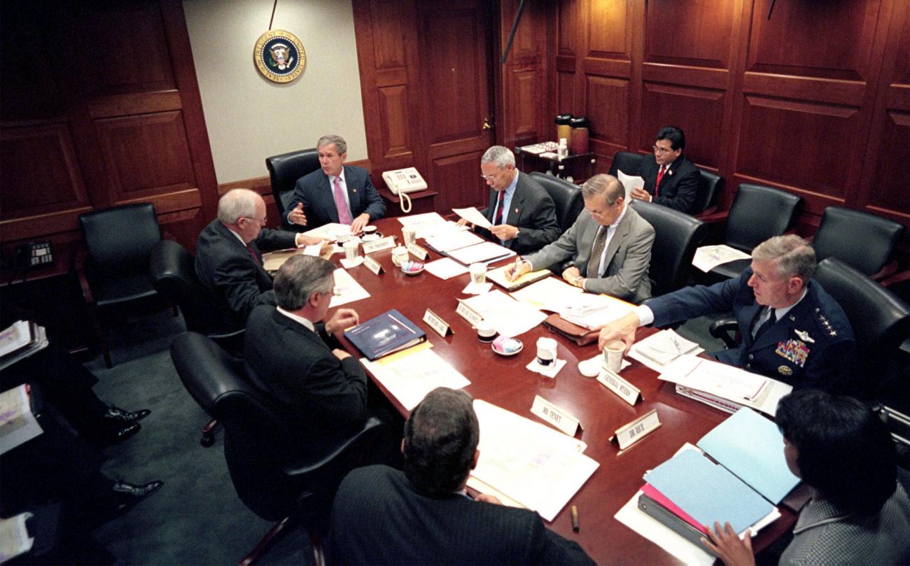 President Bush leads his National Security Council in the Situation Room of the White House, on October 12, 2001.The meeting comes after a forth anthrax attack on the United States.