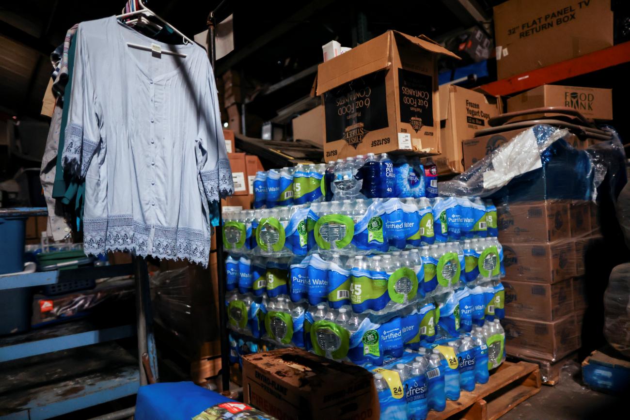 Large packs of water, ready to be distributed during the current heatwave, are stored at Grace Resources, an organisation helping people in need, in Lancaster, a charter city in northern Los Angeles County, California, U.S., August 4, 2021.