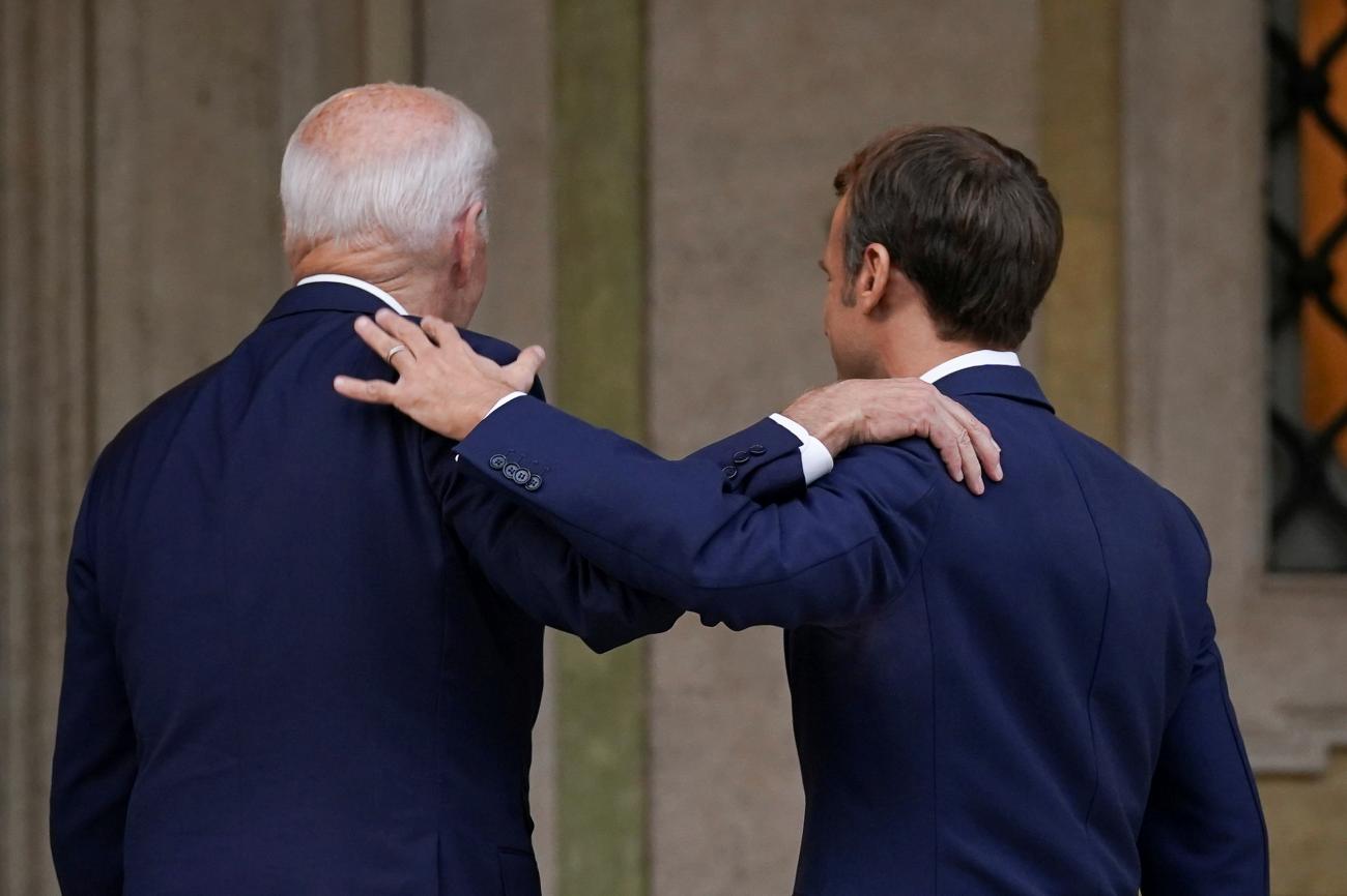 U.S. President Joe Biden with French President Emmanuel Macron at the G20 Summit in Rome, Italy, on October 29, 2021.