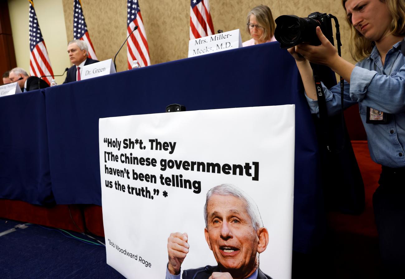 Ranking Member of the House Select Committee on the Coronavirus Crisis U.S. Representative Steve Scalise (R-LA), with Rep. James Comer (R-KY) and Rep. Mariannette Jane Miller-Meeks (R-IA), displays a quote attributed to NIH National Institute of Allergy and Infectious Diseases Director Anthony Fauci during a Republican-led forum on the possible origins of the COVID-19 outbreak in Wuhan, China, on Capitol Hill in Washington, U.S. June 29, 2021