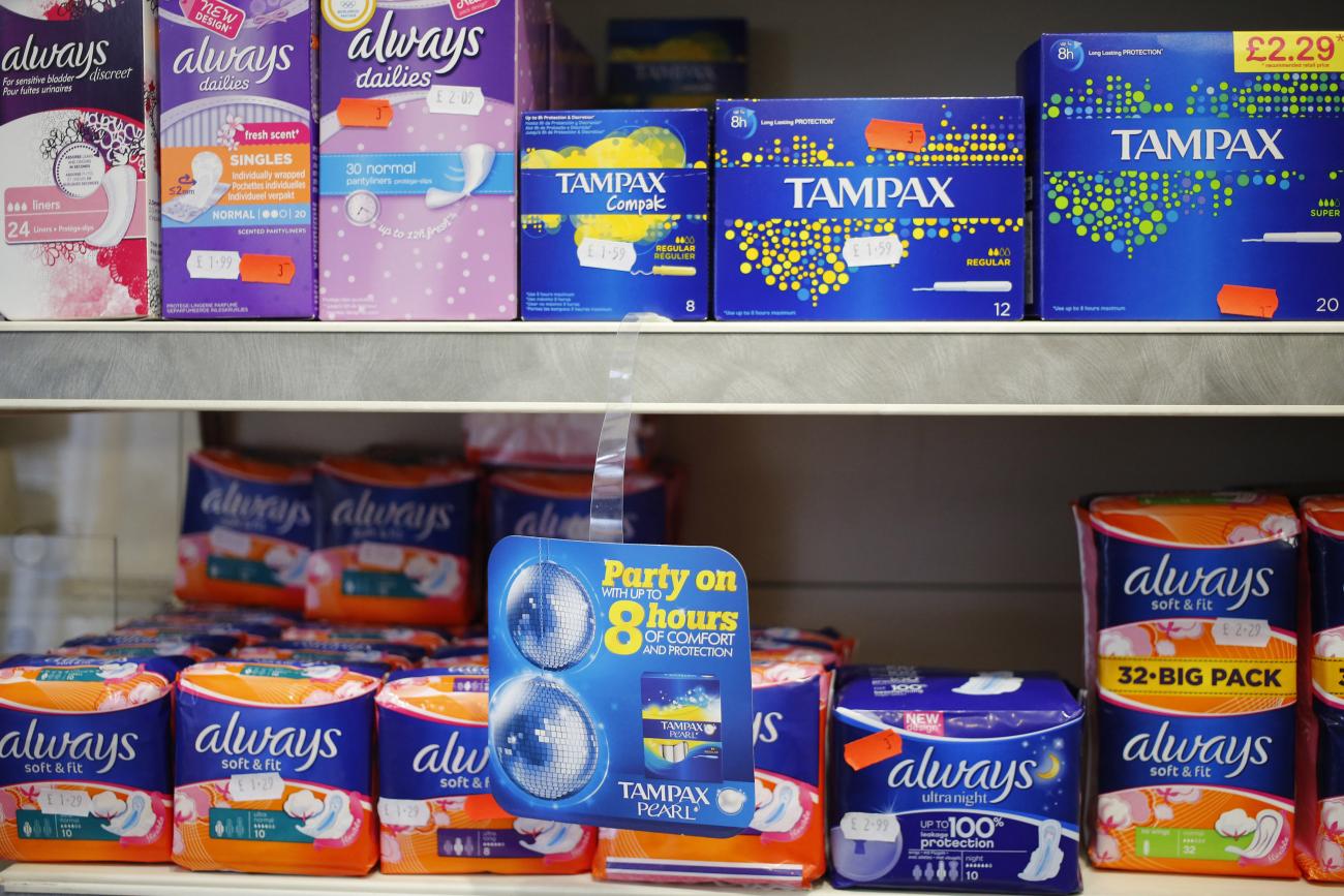 Menstrual products in a pharmacy in London. 
