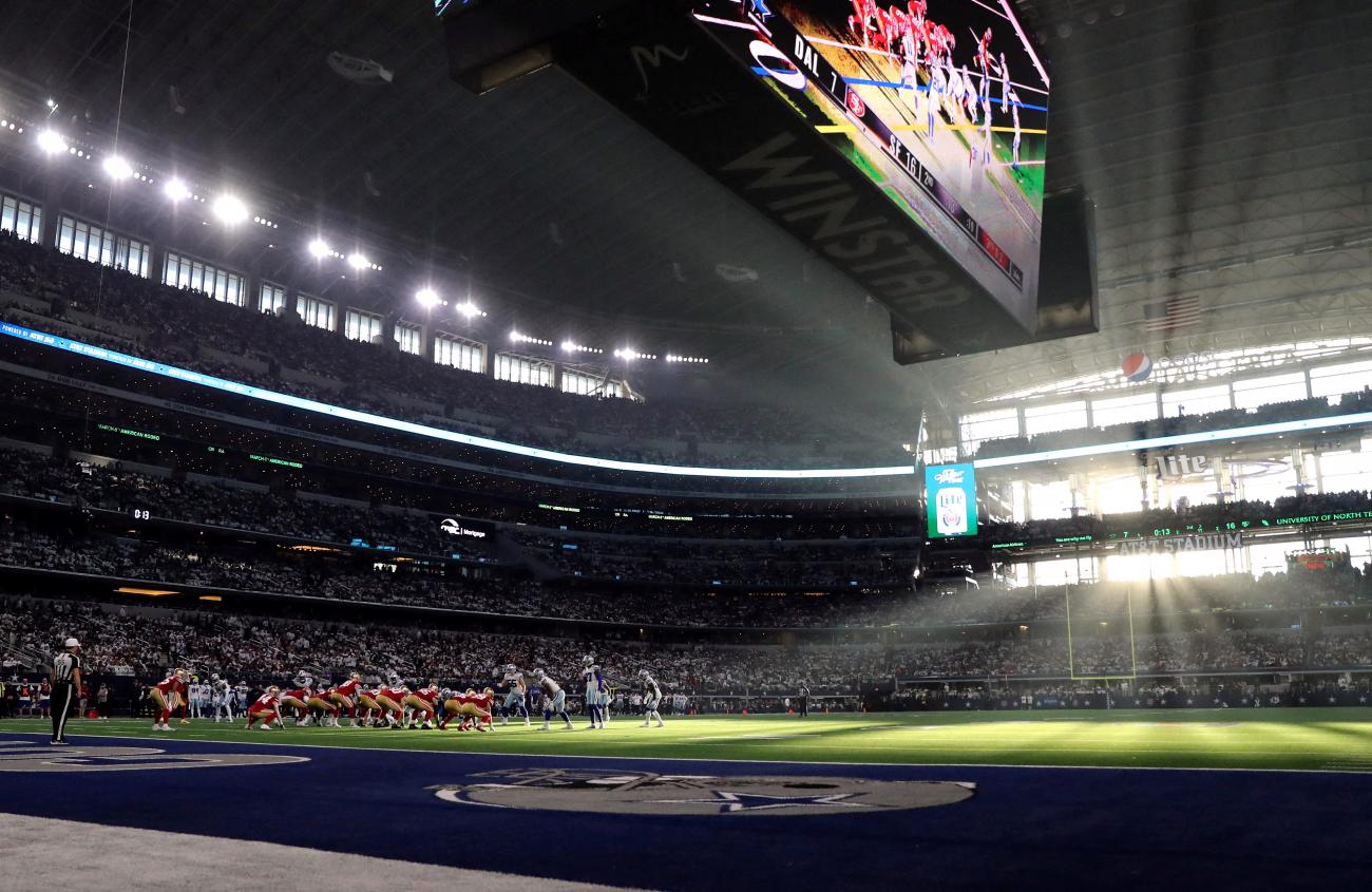 A general view during the first half of the NFC Wild Card playoff football game between the Dallas Cowboys and the San Francisco 49ers at AT&T Stadium, in Arlington, Texas, on January 16, 2022.