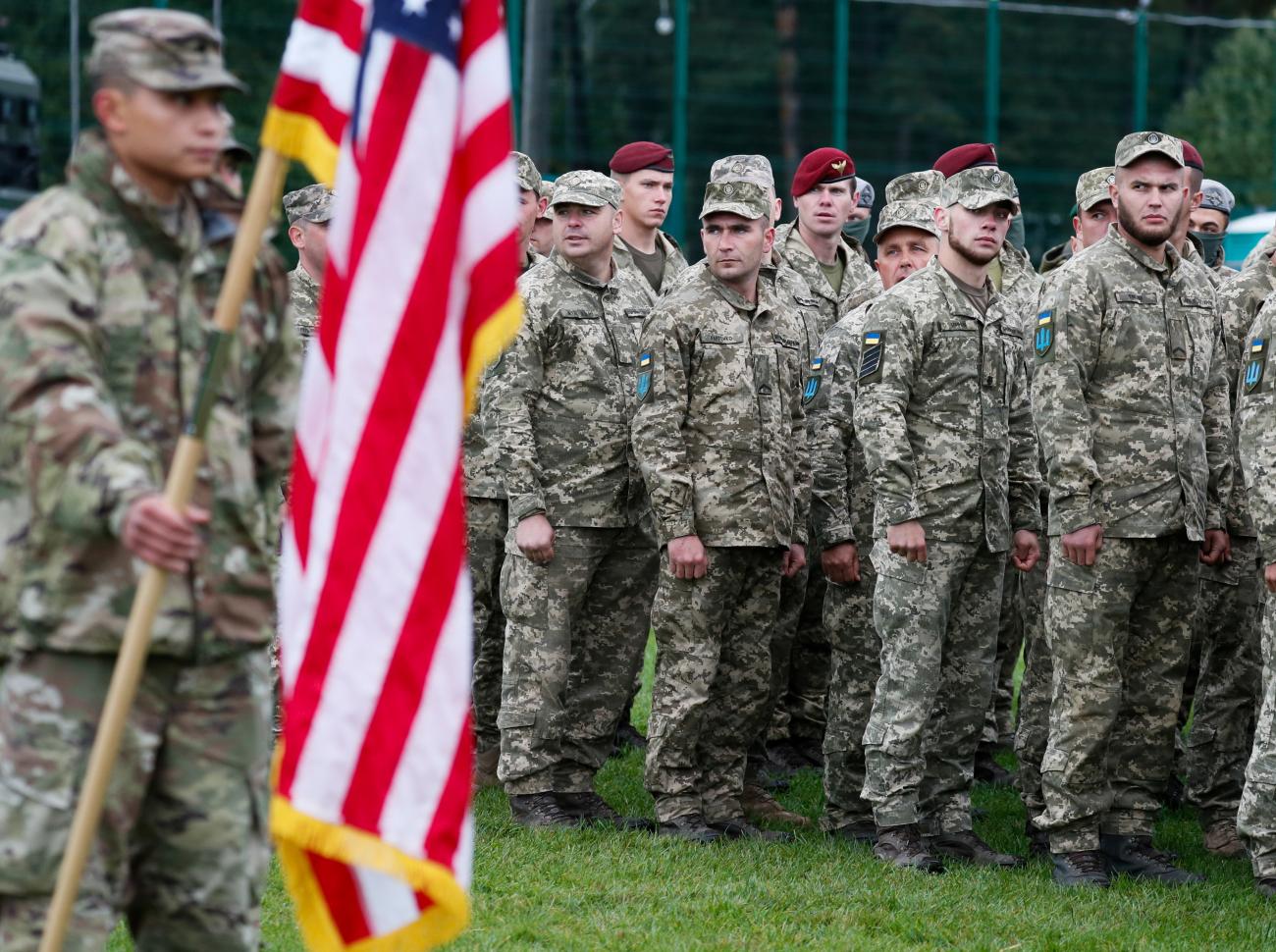 U.S. and Ukrainian armies attend the opening ceremony of the "RAPID TRIDENT-2021" military exercise at Ukraine's International Peacekeeping Security Centre near Yavoriv, in the Lviv region, Ukraine September 20, 2021.