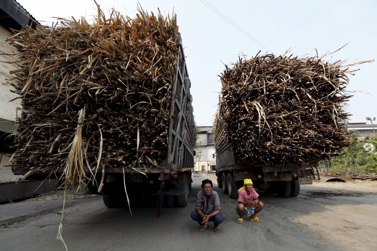 Two truck drivers wait to deliver the sugarcane harvest at a sugar mill in Pakchong district in Ratchaburi province, Thailand, on March 22, 2016.