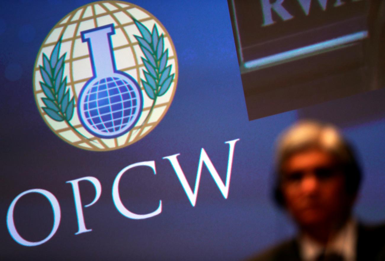 A shot of the logo of the Organisation for the Prohibition of Chemical Weapons (OPCW) at a special session in the Hague, Netherlands, on June 26, 2018.