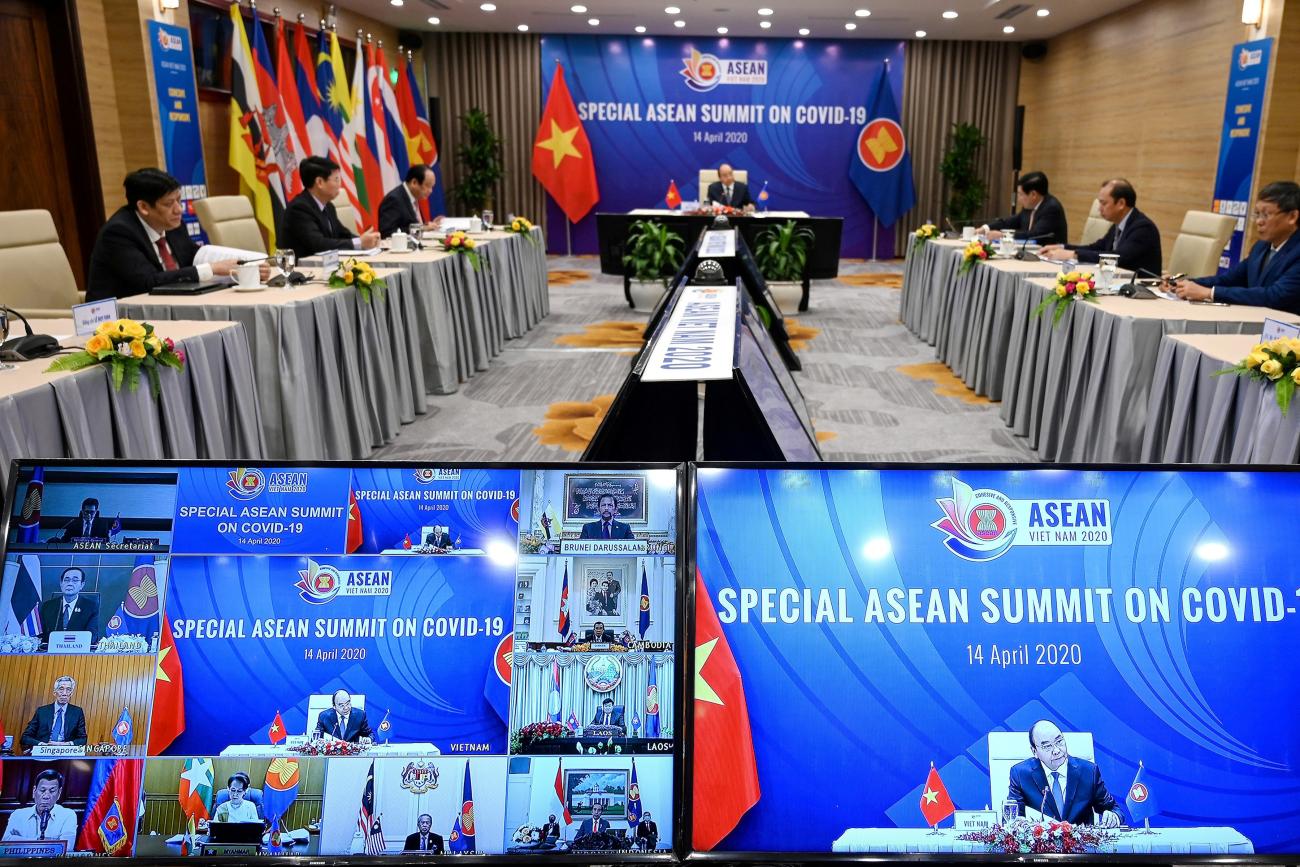 Vietnam's Prime Minister Nguyen Xuan Phuc addresses a special video conference with leaders of the Association of Southeast Asian Nations (ASEAN), on the coronavirus disease (COVID-19), in Hanoi April 14, 2020. 