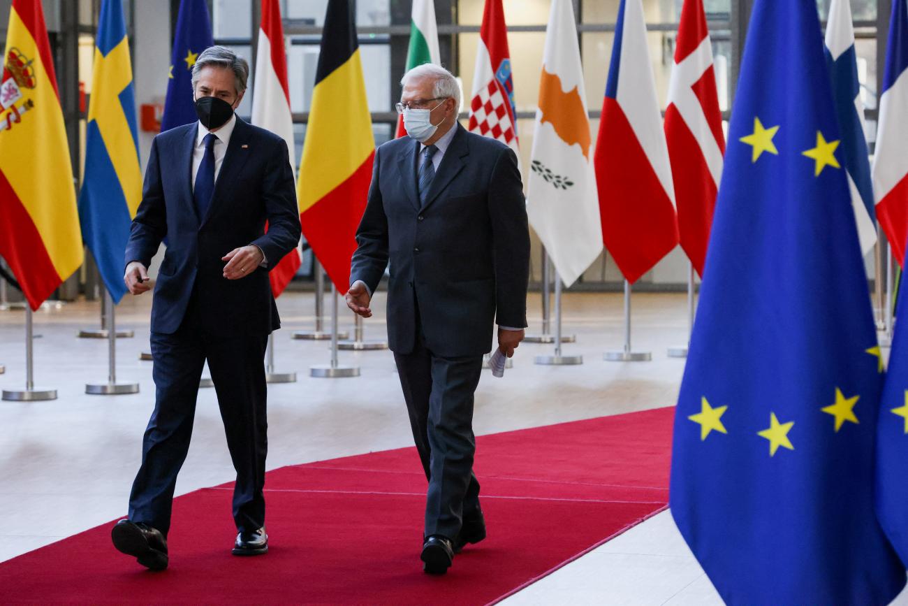 U.S. Secretary of State Antony Blinken and High Representative of the European Union for Foreign Affairs and Security Policy Josep Borrell walk ahead of European Union foreign ministers meeting, amid Russia's invasion of Ukraine, in Brussels, Belgium March 4, 2022.