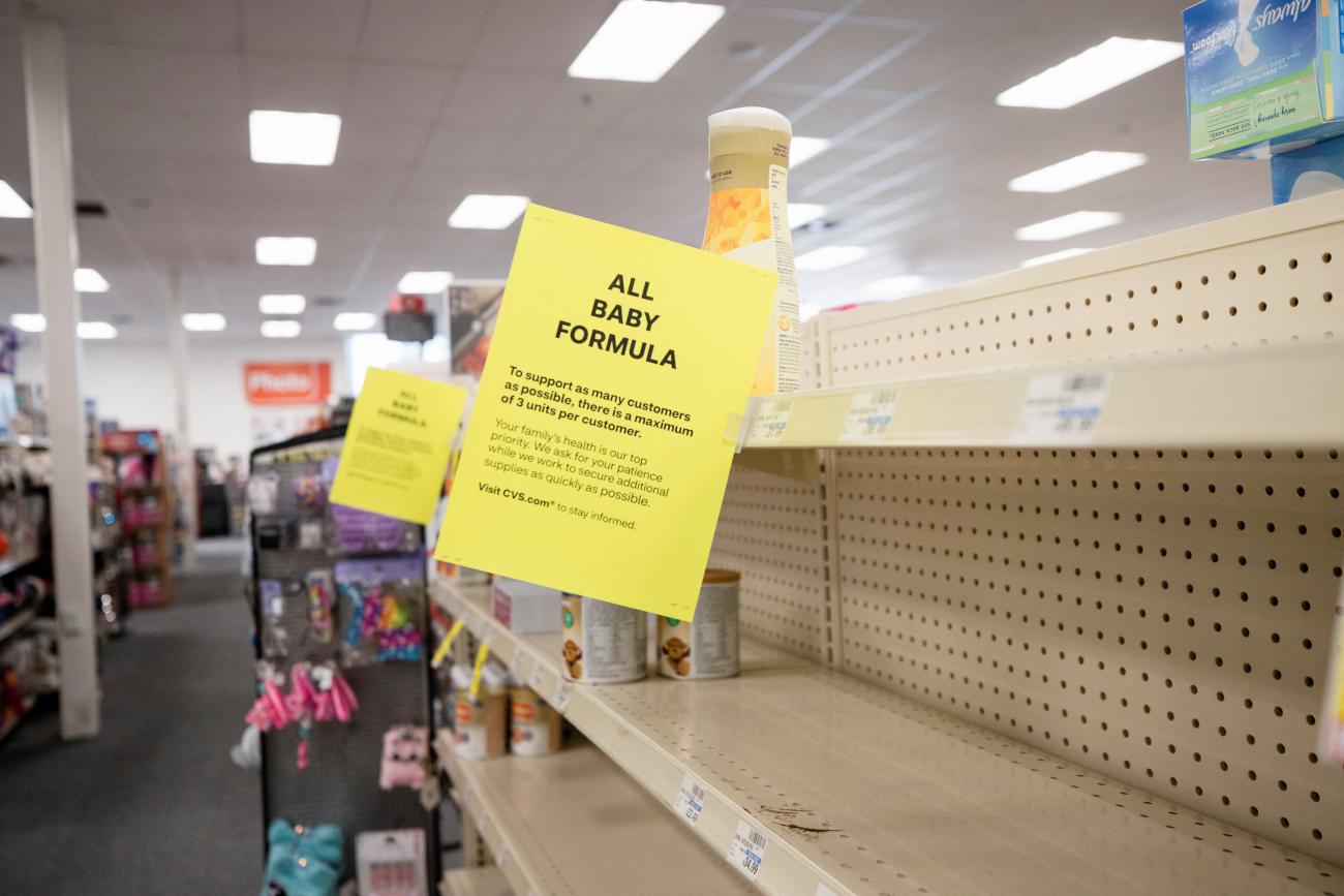 Empty shelves bear a yellow sign alerting customers to a limit on formula purchases, amid a U.S. shortage of baby formula at a CVS store in San Antonio, Texas, on May 10, 2022. 