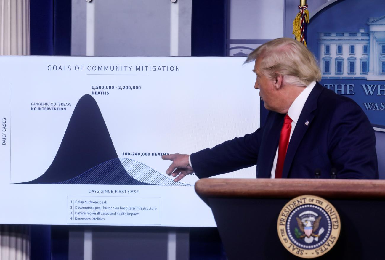 President Donald Trump points to a chart as he speaks about his administration's COVID-19 response during a news conference