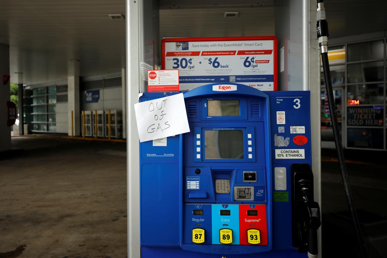 An Exxon station is out of gas after a cyberattack crippled the biggest fuel pipeline in the country, run by Colonial Pipeline, in Washington state, on May 15, 2021. 